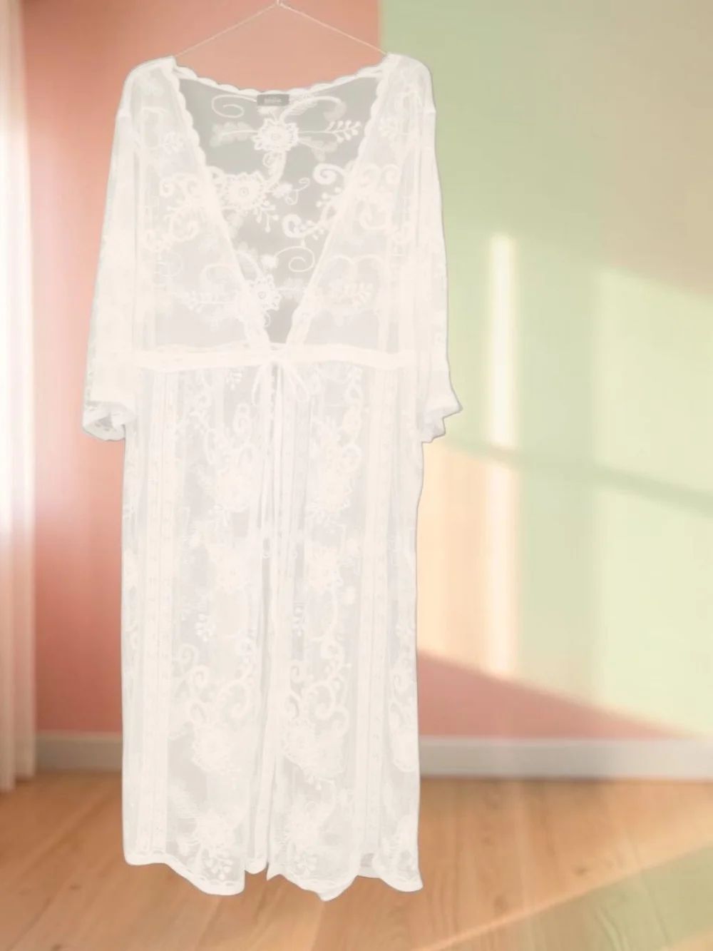 Lace Kimono Robe Floral Embroidery Tie Front Cover Up P2P 20" White